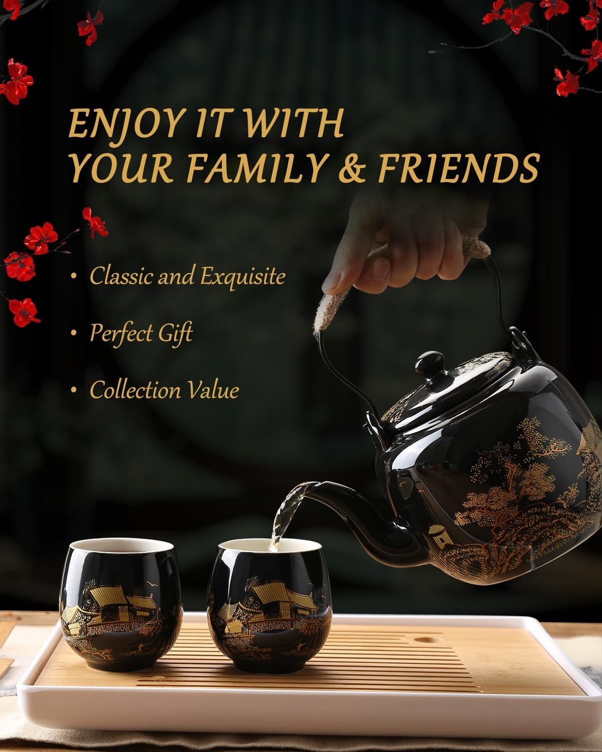 Japanese Porcelain Tea Set Black Teapot 6 Cups Tray Infuser Gold