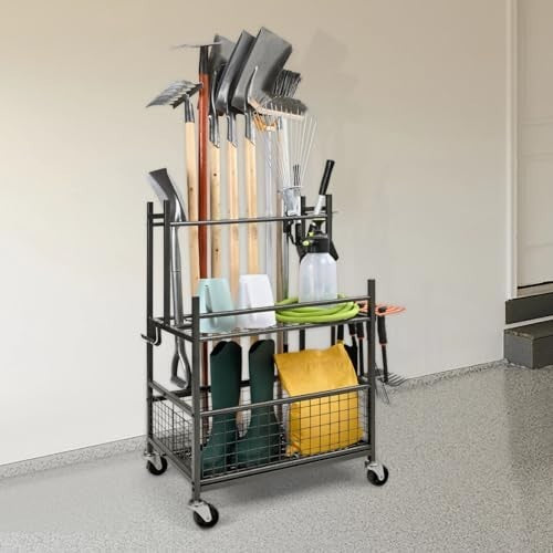 Garden Tool Organizer 65x40x97cm 16-Slot Rack with Wheels Garage Storage