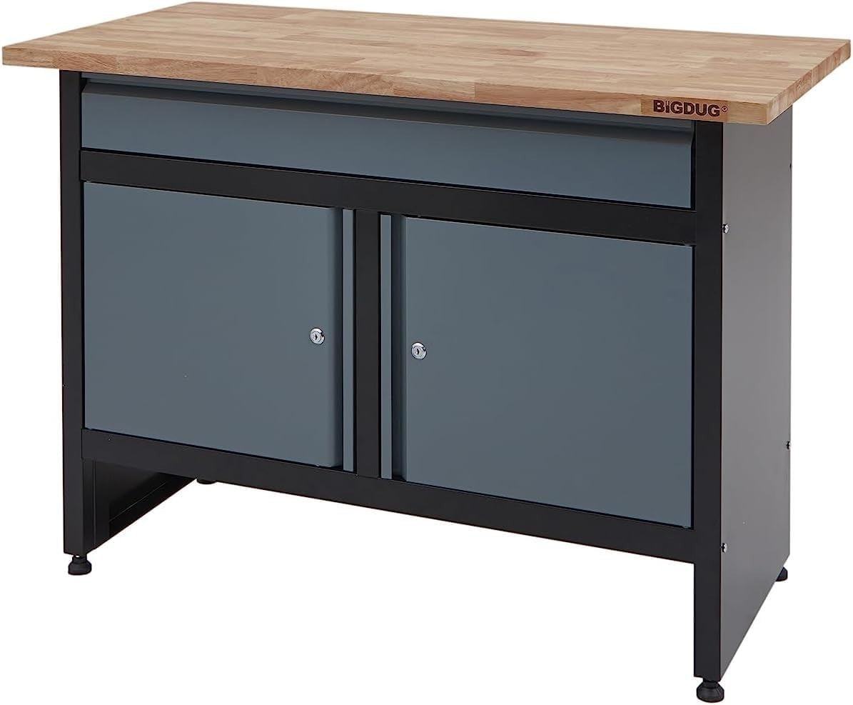 120cm Garage Workbench 1 Drawer + Double Cupboard 300kg Load Solid Wood Top