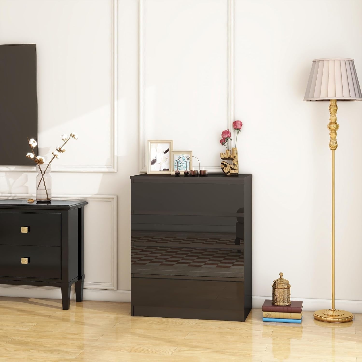 Black 4 Drawer High-Gloss Chest Modern Storage Cabinet Bedroom Organizer