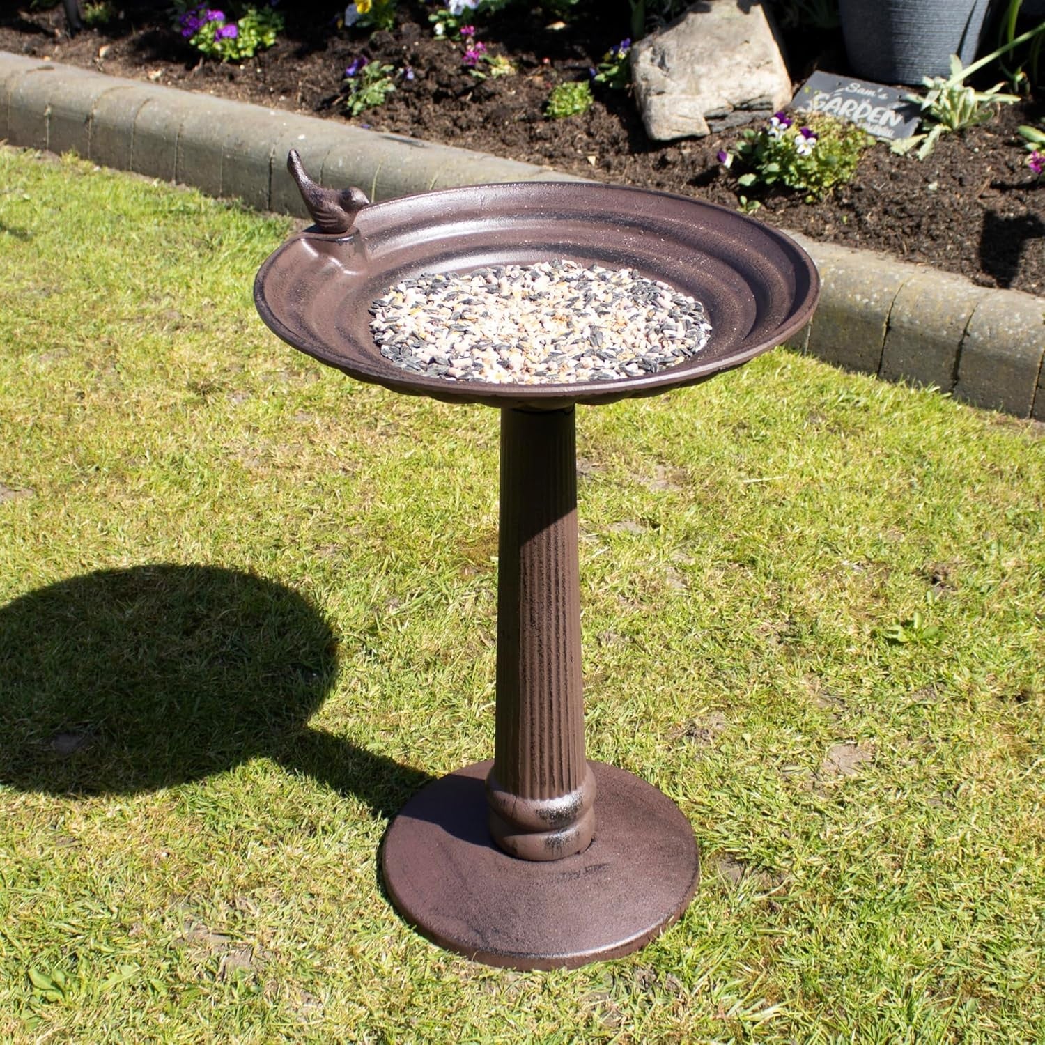 Extra Large Cast Iron Bird Bath 54cm Antique Brown Garden Pillar Feeder Decor