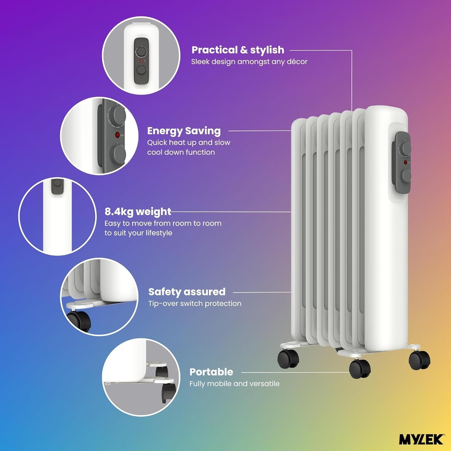 Portable 1500W Oil-Filled Radiator Heater with Thermostat & Safety Features