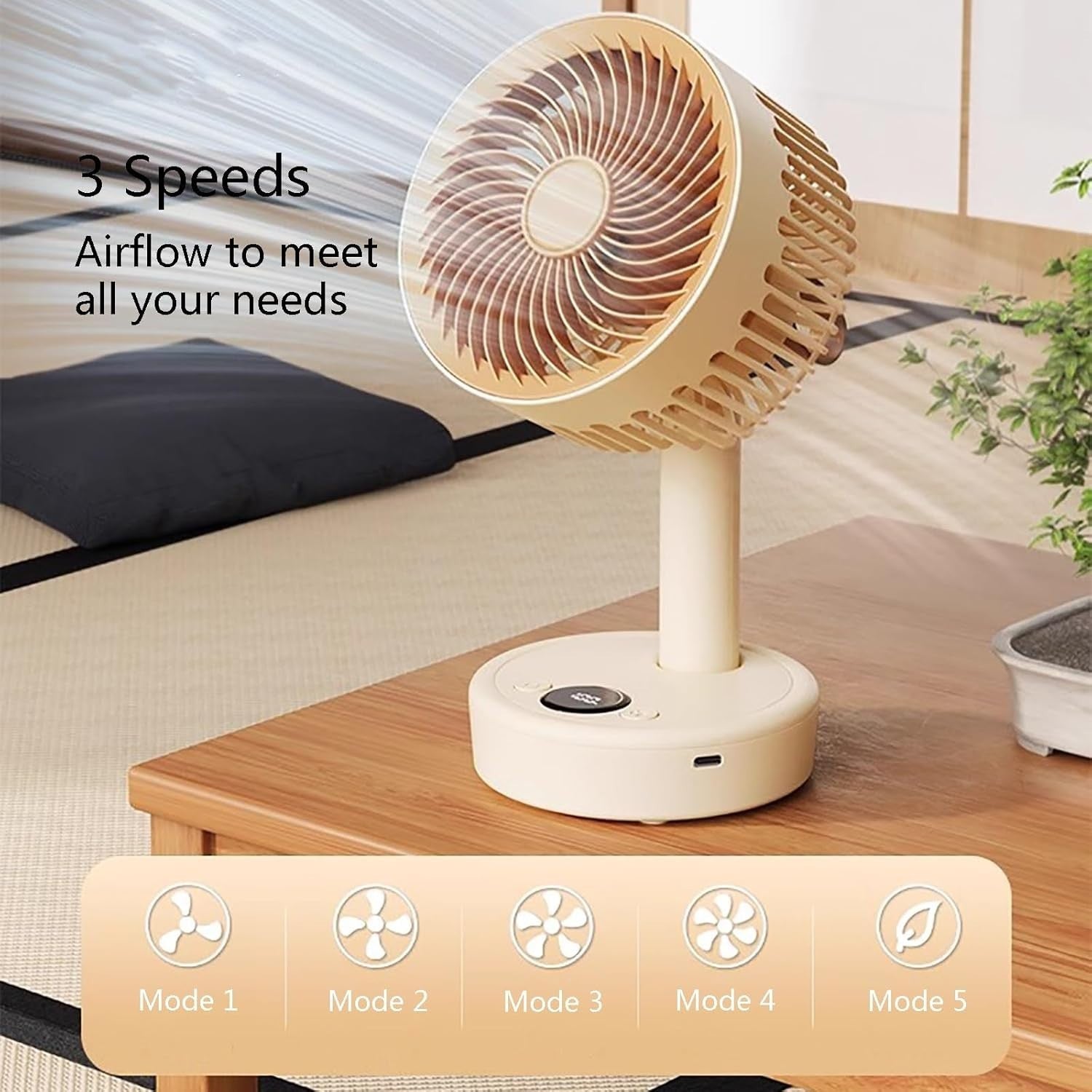 Portable Small Table Fan 5-Speed w LED Display Quiet USB Rechargeable Air Green