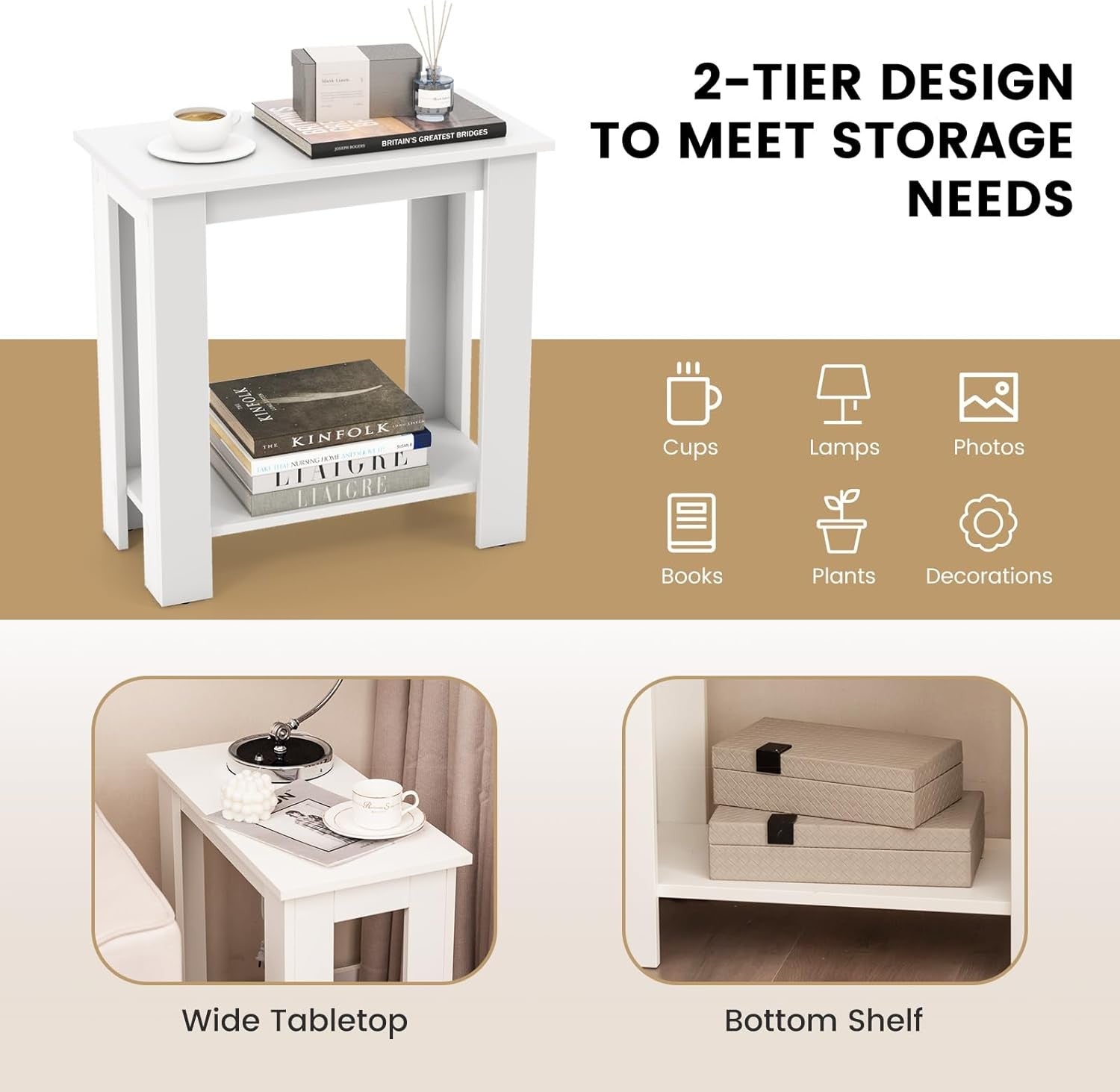 Slim White 2-Tier Bedside Table with Storage Shelf – Modern Compact Side Table
