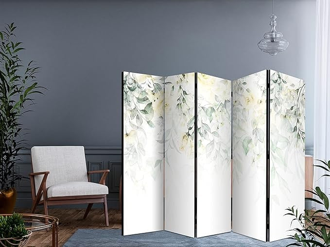 Luxury Acoustic Room Divider 225x172cm White Green Leaf Folding Screen