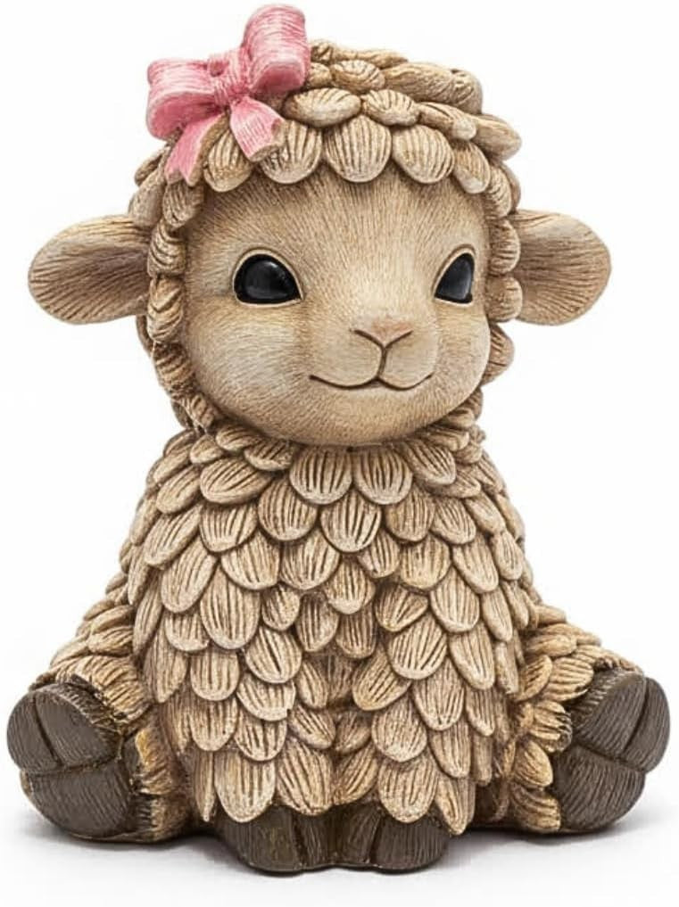 Cute Rustic Lamb Ornament with Pink Bow | Farmhouse Resin Sheep Figurine Gift