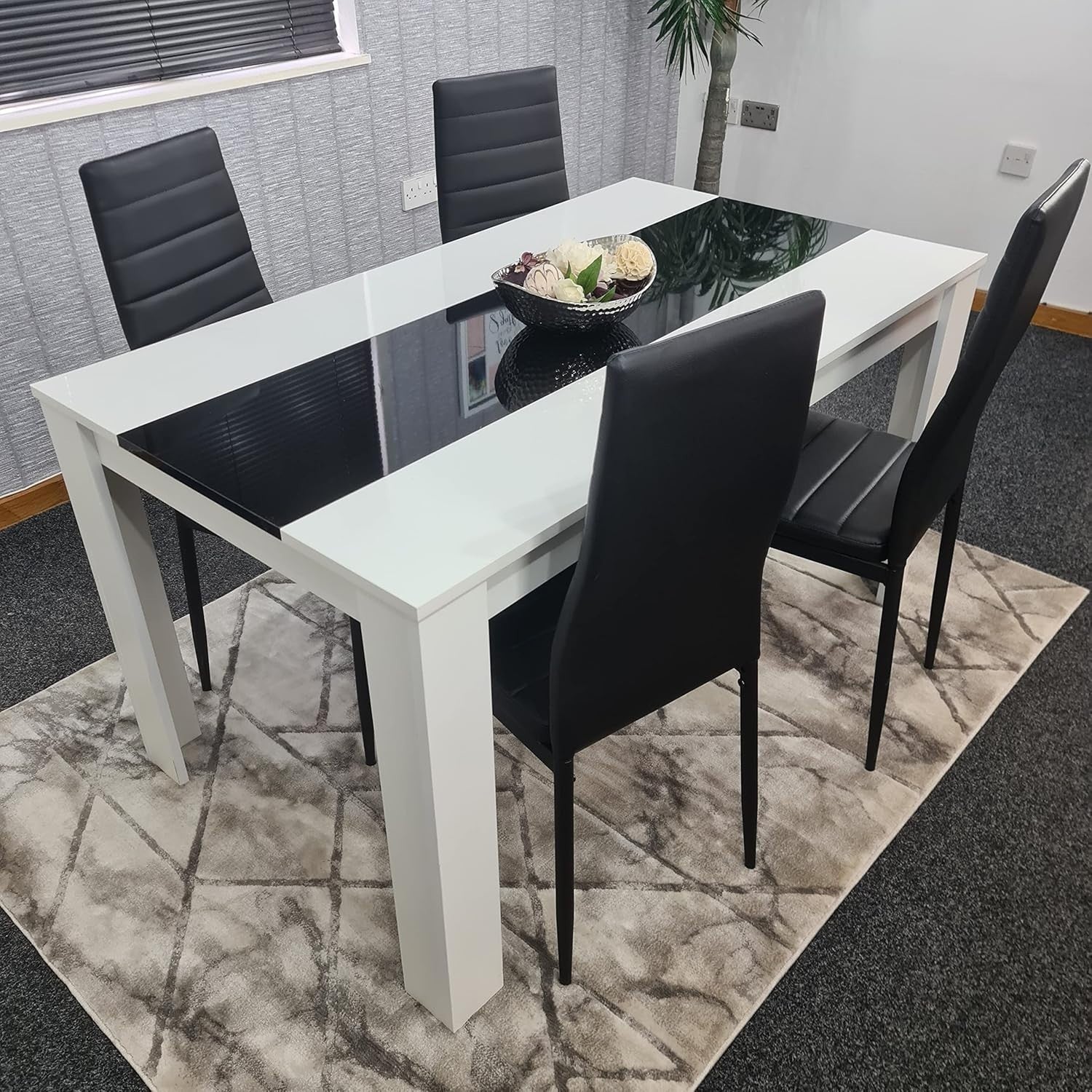 Modern White & Black Dining Table Set 4 Faux Leather Chairs Glossy Finish