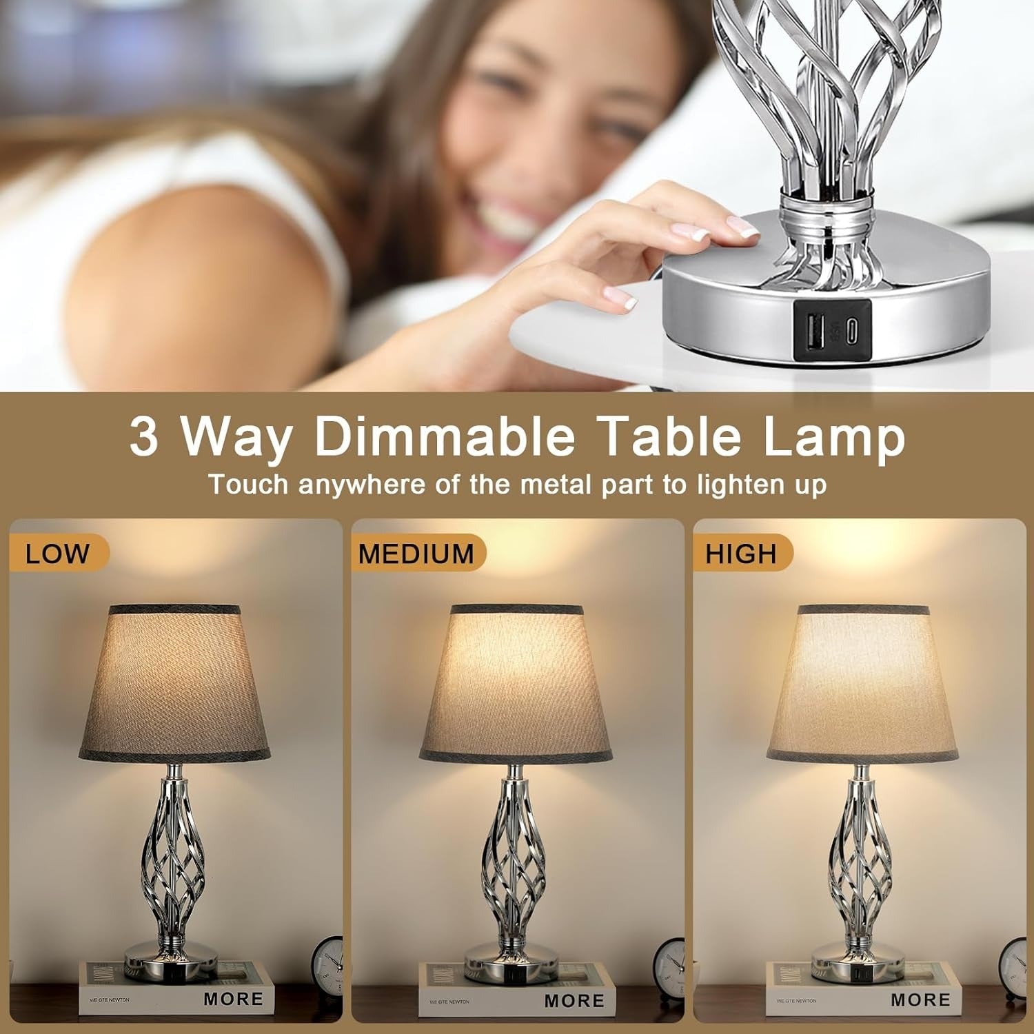 Touch Bedside Lamps Set of 2 USB Charging 3-Way Dimmable Grey Shades