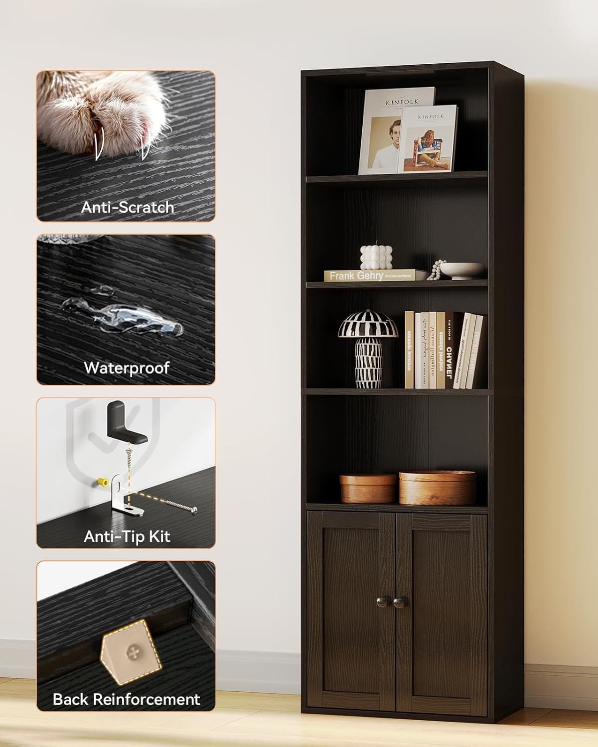 Tall 6 Tier Bookcase With Cabinet Storage Shelves Modern Freestanding Black