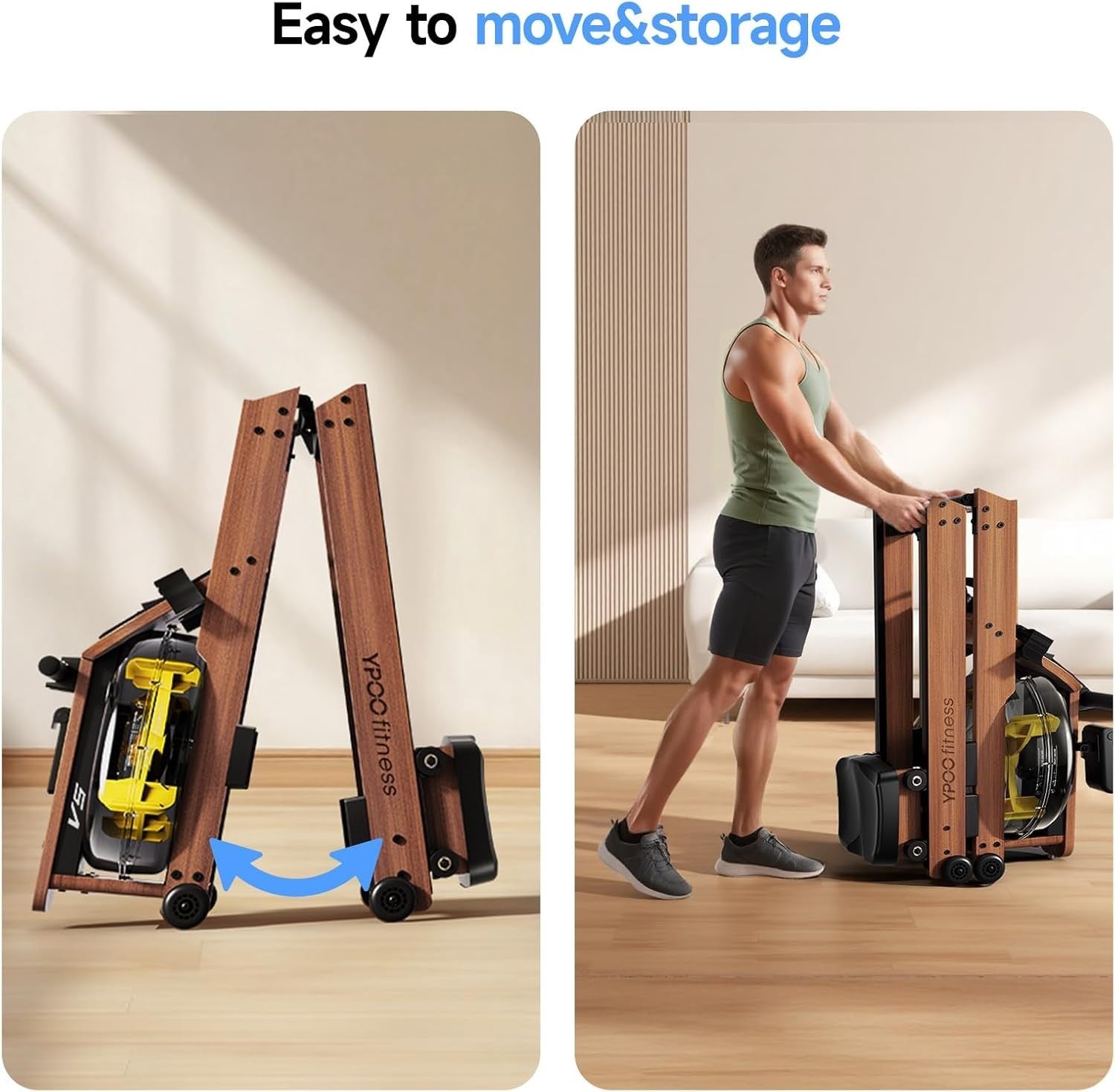 Wooden Water Rowing Machine 6-Level Resistance Bluetooth LCD Home Rower