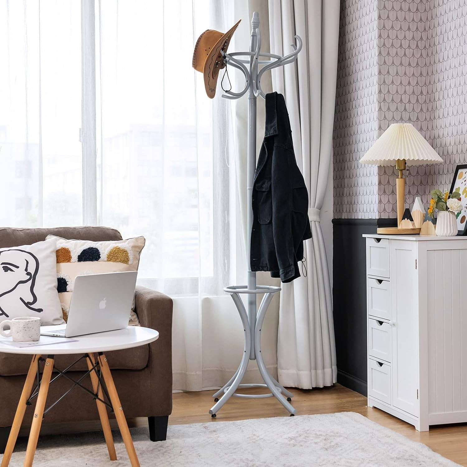 Wooden Coat Rack Stand 12 Hooks & Umbrella Holder | 75.5” Freestanding Hall Tree