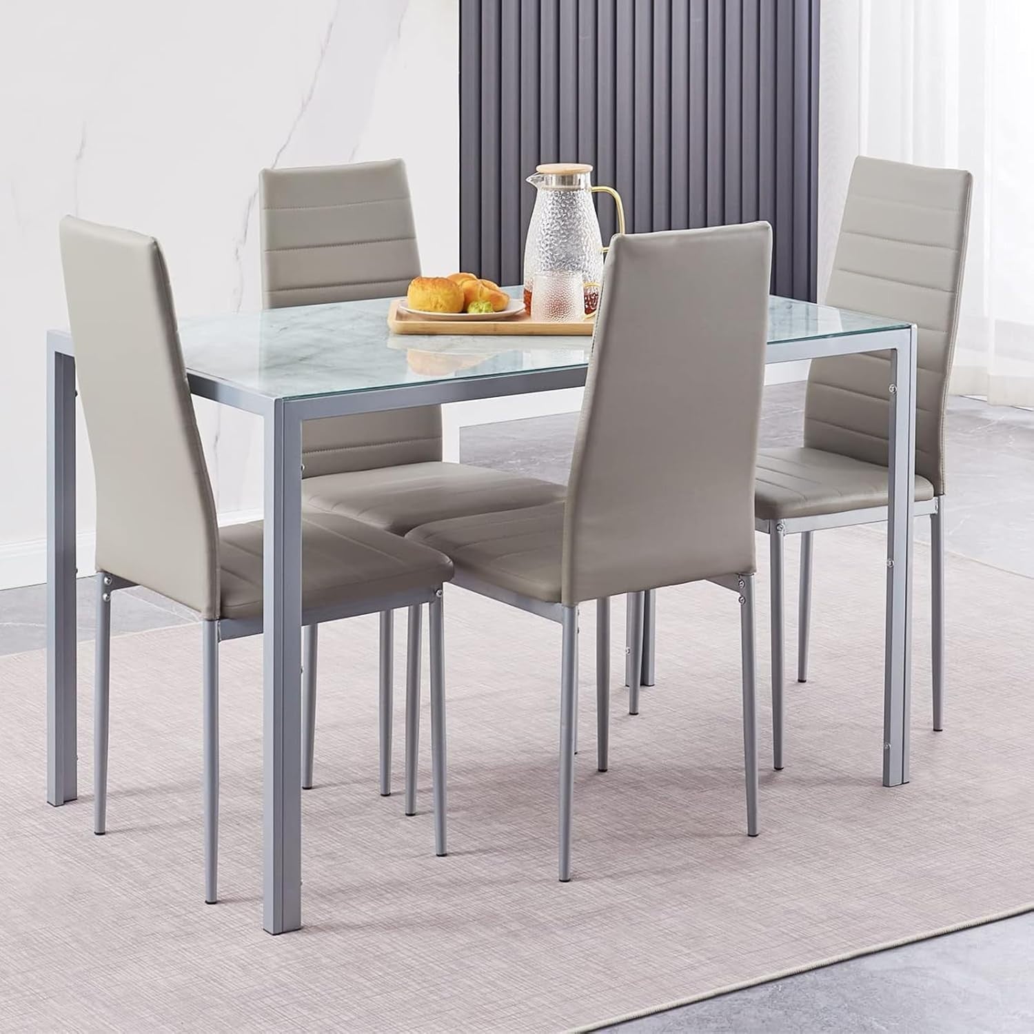 Marble Glass Dining Table Set 4 Chairs Grey Faux Leather Compact 5PC