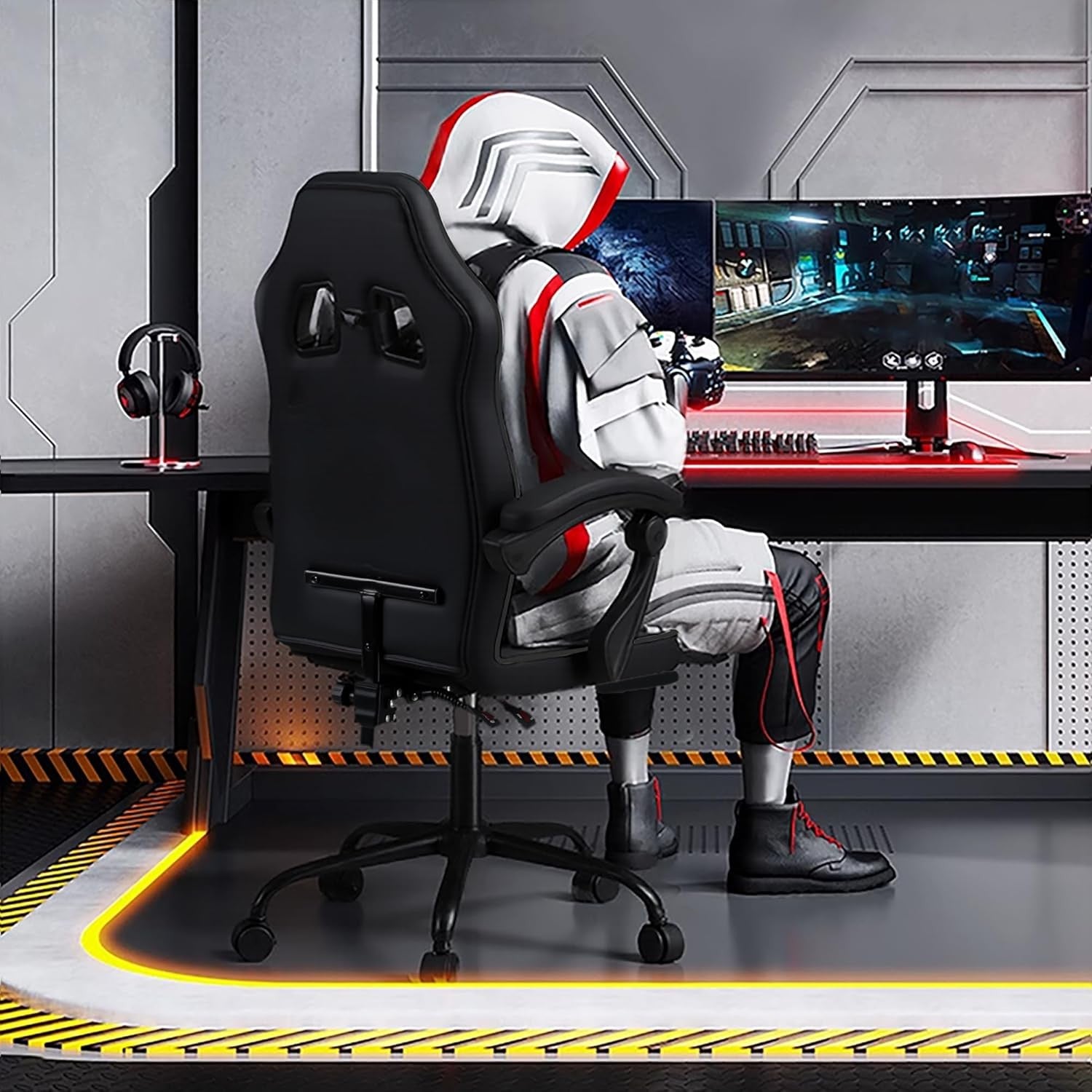 Ergonomic Gaming Chair Grey w/ Footrest Reclining Swivel