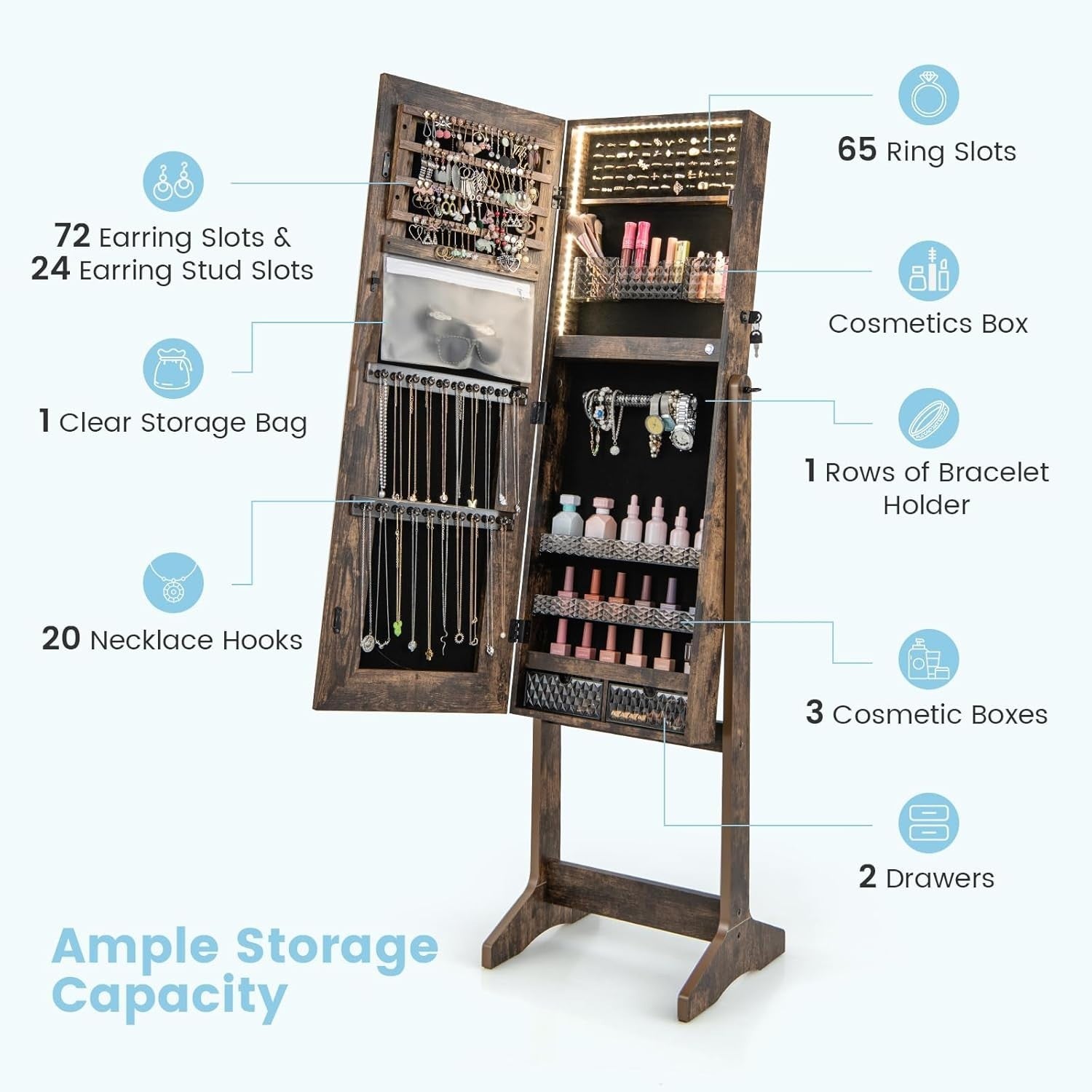 Rustic Brown LED Jewelry Cabinet Mirror Lockable 3-Color Light Storage