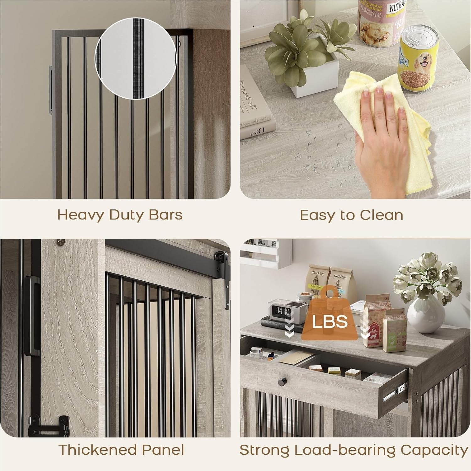Large Indoor Wooden Dog Crate with Sliding Doors, Drawer & Rotatable Bowl