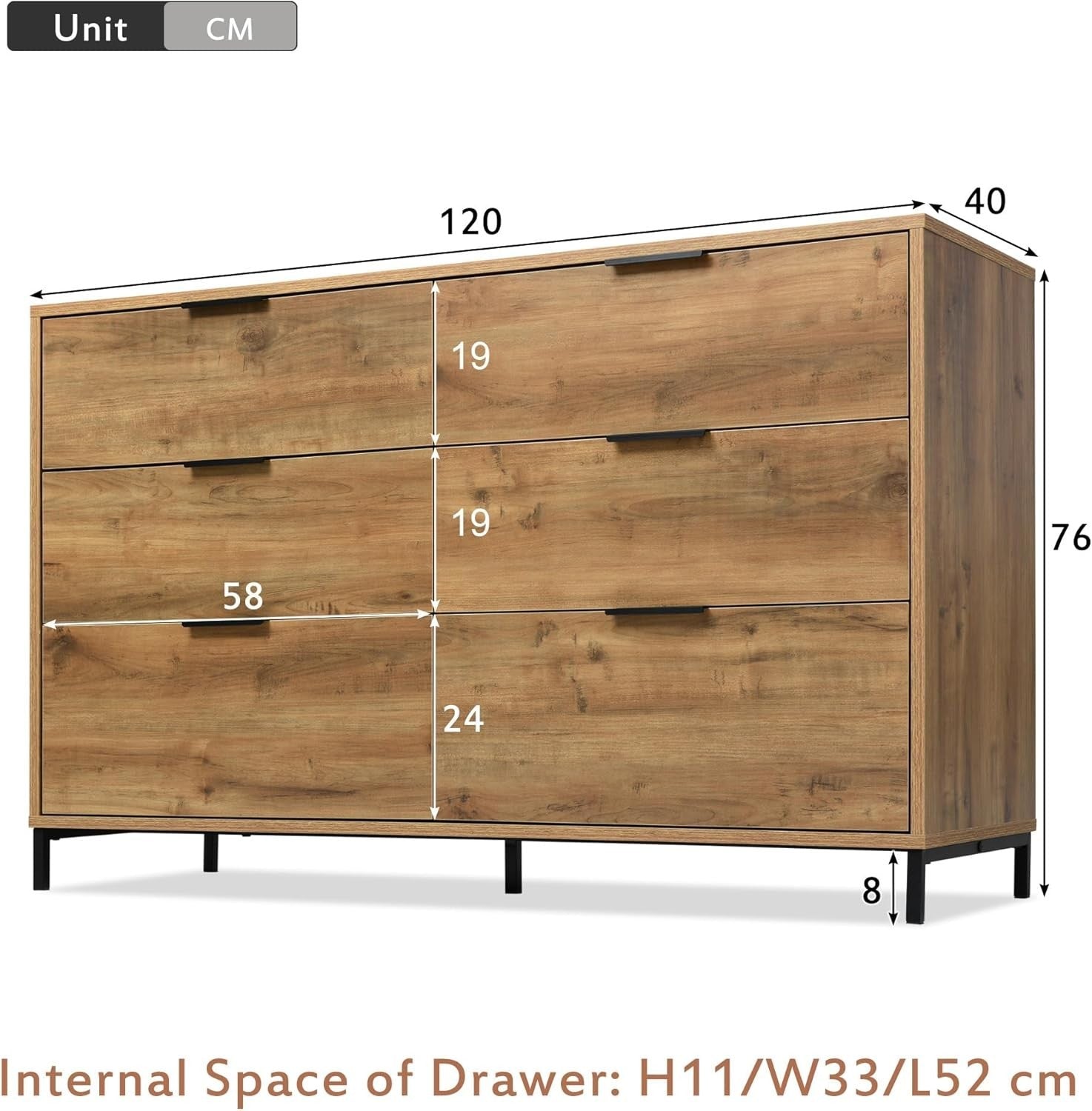 Modern Dark Oak Sideboard 6 Drawer Cabinet Storage Unit Metal Frame 120cm
