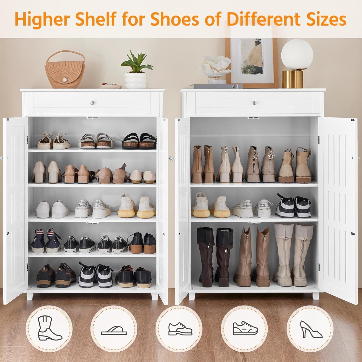 White 5-Tier Wooden Shoe Cabinet with Drawer & Adjustable Shelves Storage