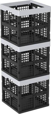 3 Pack 18L Folding Plastic Storage Crates Stackable 29.2cm Black