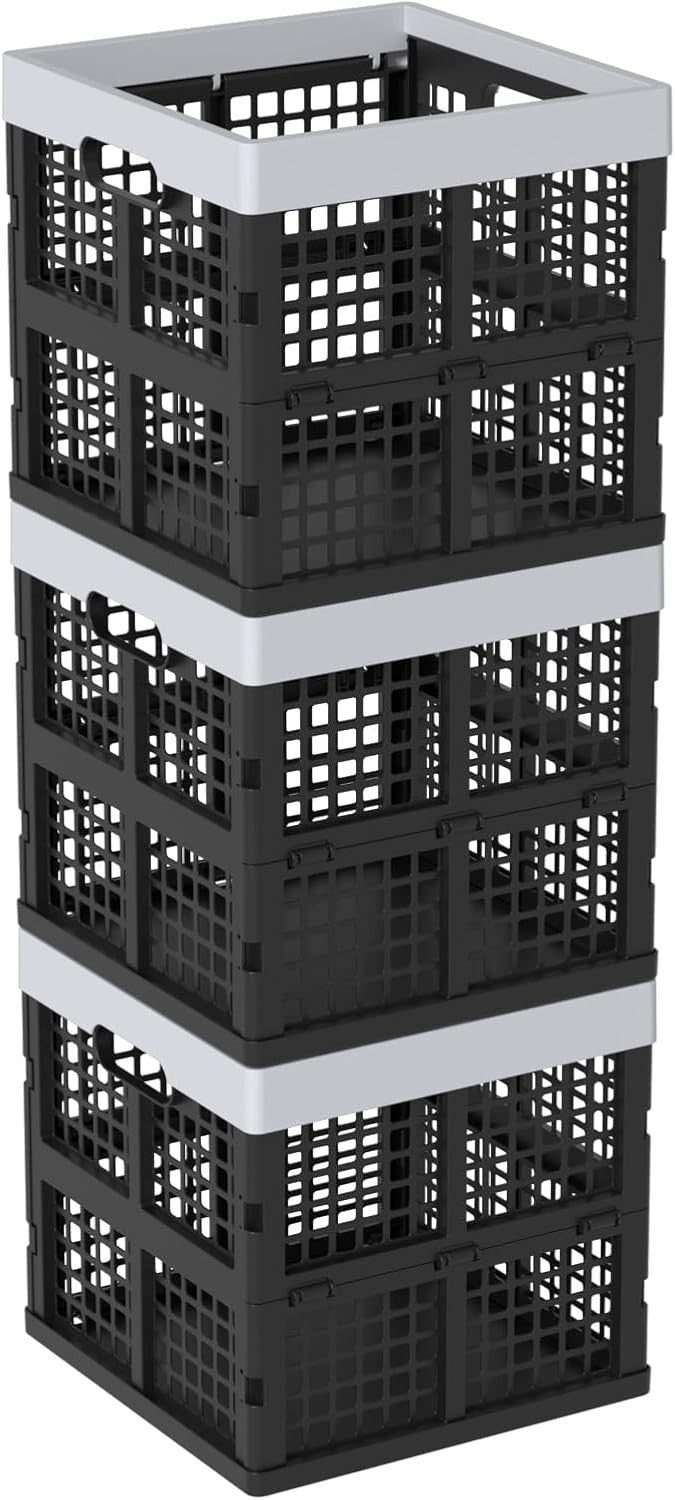 3 Pack 18L Folding Plastic Storage Crates Stackable 29.2cm Black