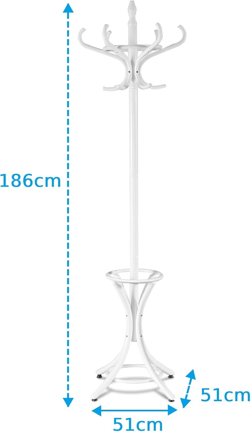 White Solid Wood Coat Rack with 12 Hooks & Umbrella Holder | Freestanding Hall