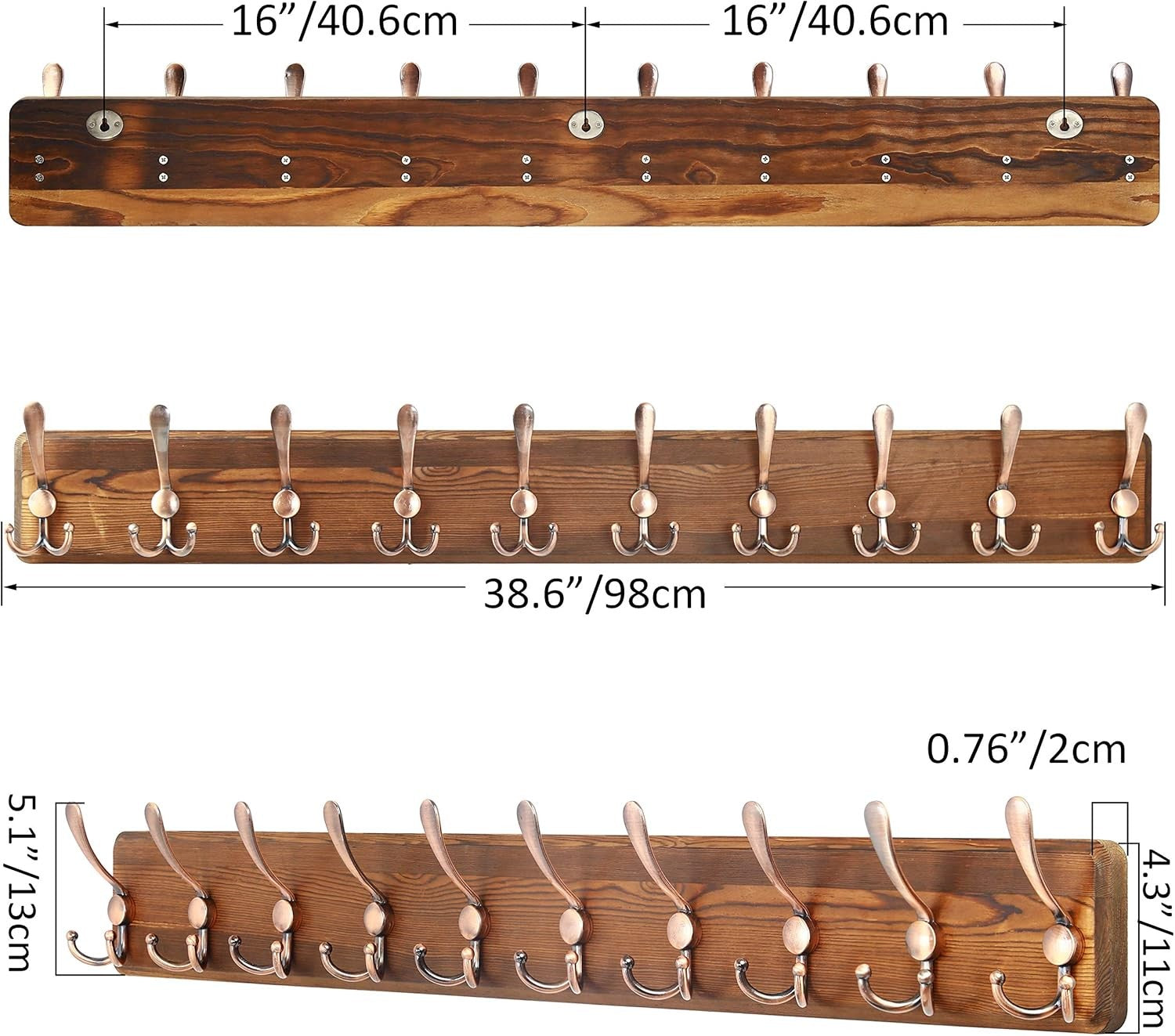 Set of 2 Brown Wooden Wall Coat Racks | Heavy Duty 10 Hook Rustic Farmhouse Orga