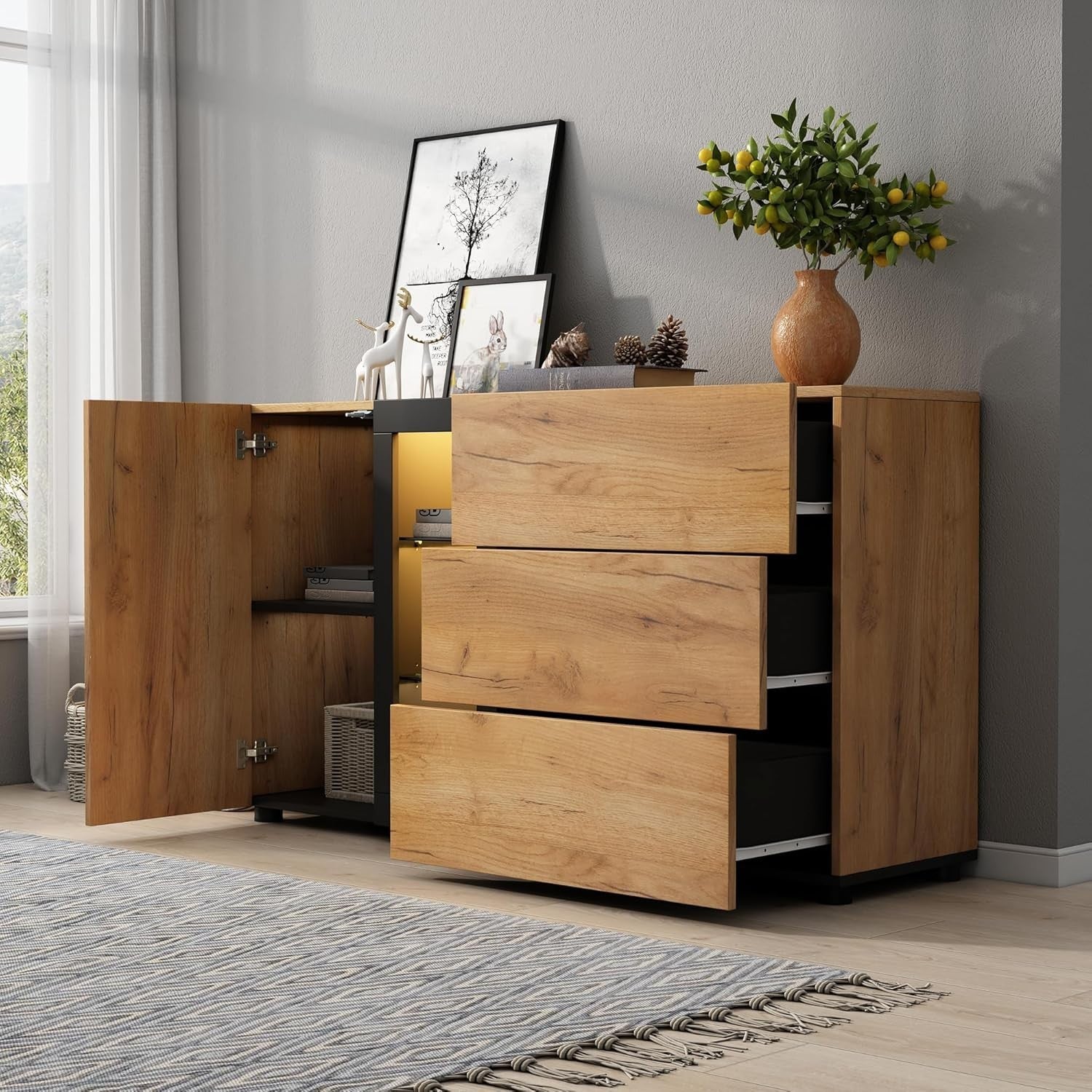 LED Sideboard Cabinet 3 Drawer Glass Shelf Unit Modern Storage Console