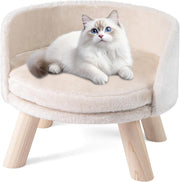 Elevated Dog Cat Sofa Bed Plush Pet Lounge Chair w Wood Legs Beige