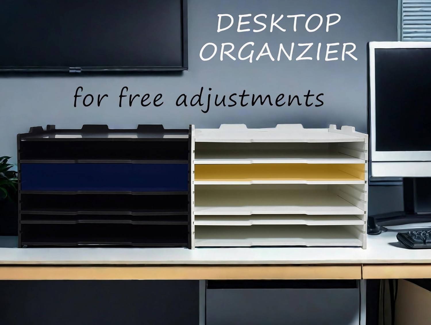 4-Tier Adjustable Desk Organizer File Tray, Letter Mail Holder, PVC Desktop