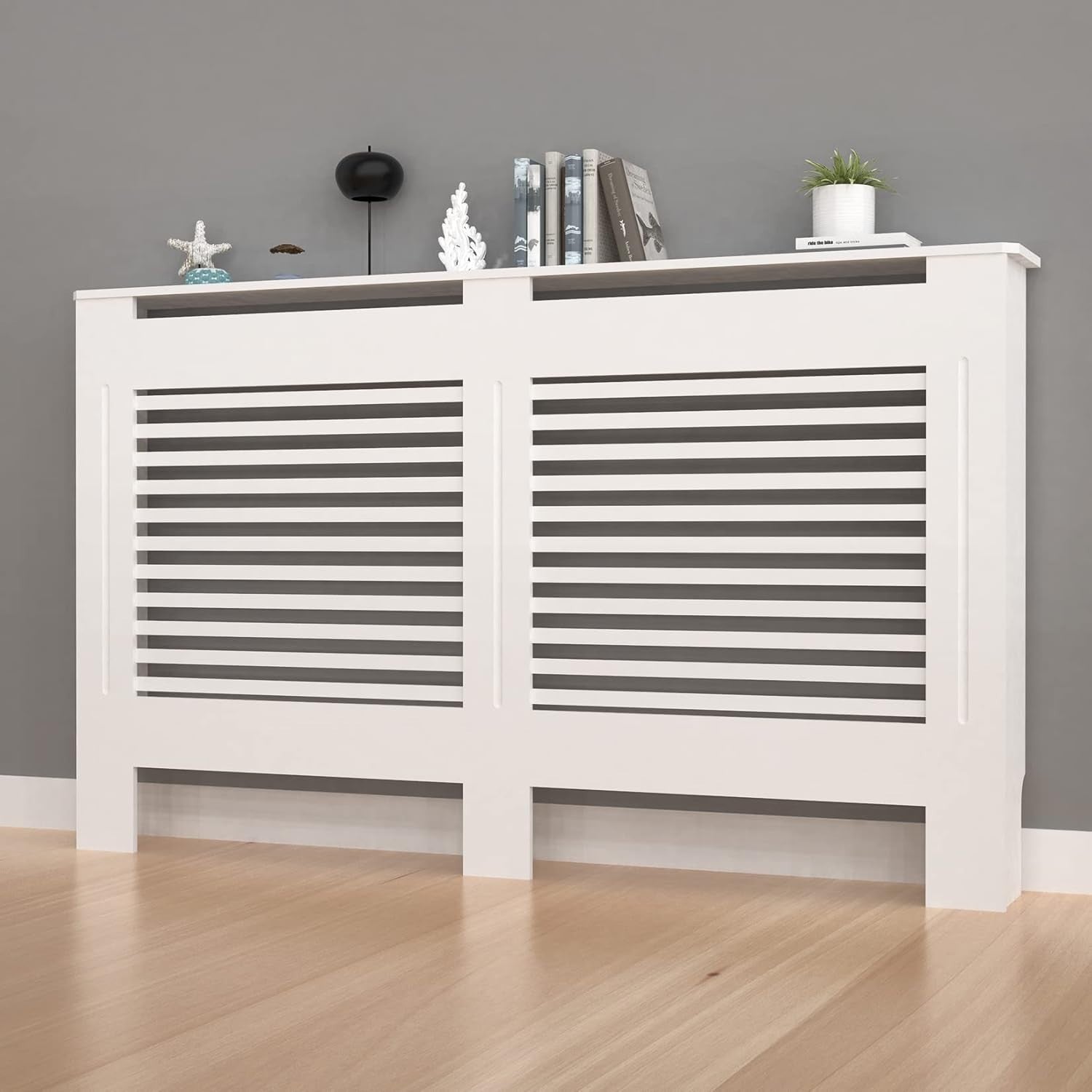 Radiator Cover White MDF Cabinet | Horizontal Slats Extra Large Shelf 152cm