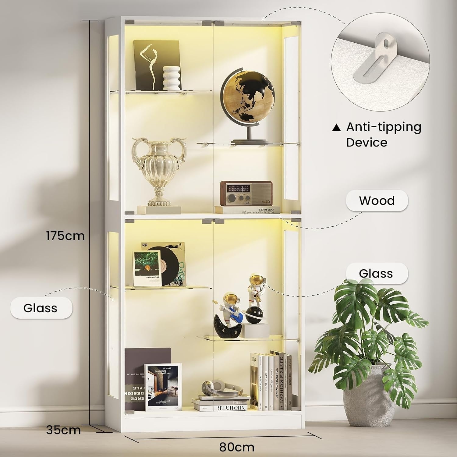 Glass Display Cabinet with RGB LED Lights, Adjustable Shelves & Magnetic Doors