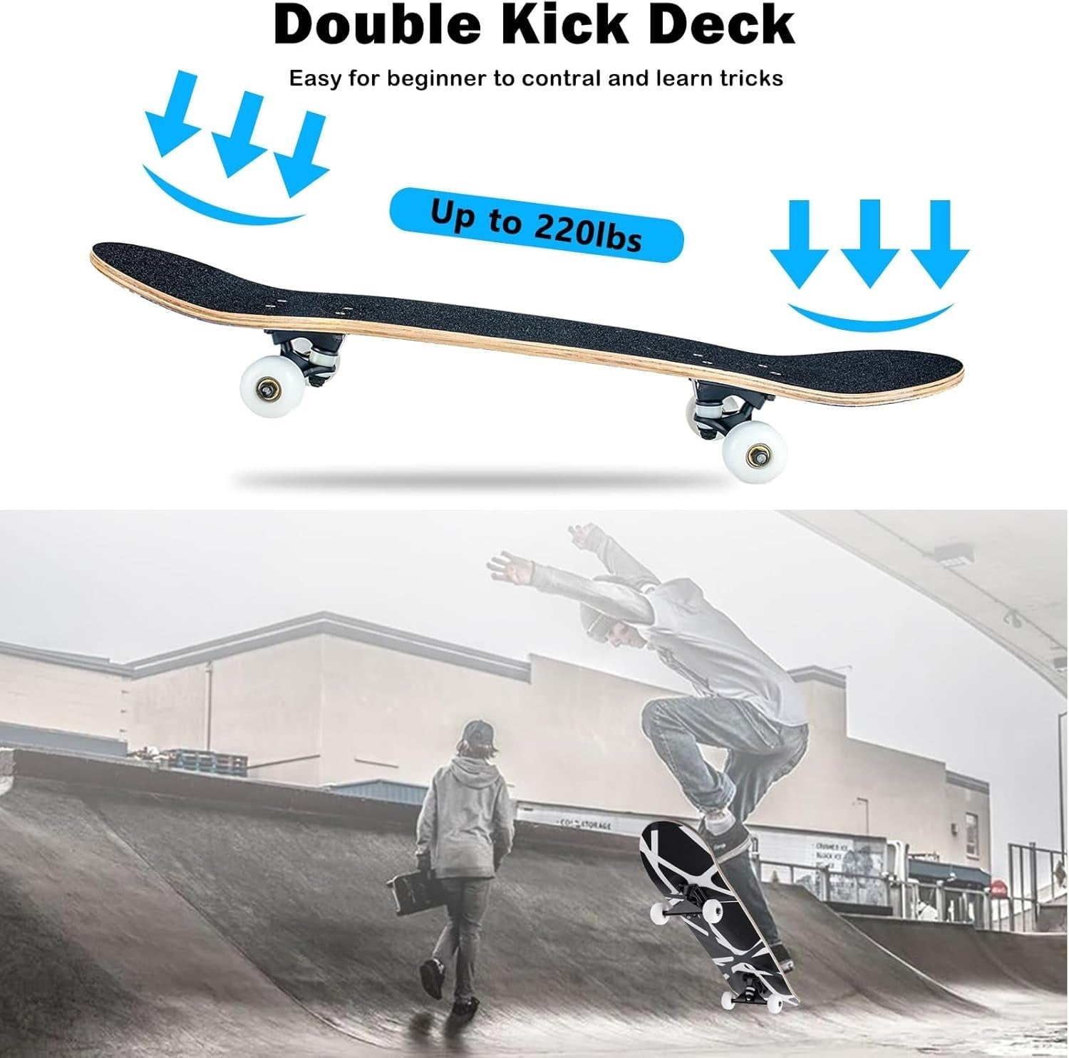31x8 Complete Maple Skateboard Double Kick Cruiser Beginner Teens Adult