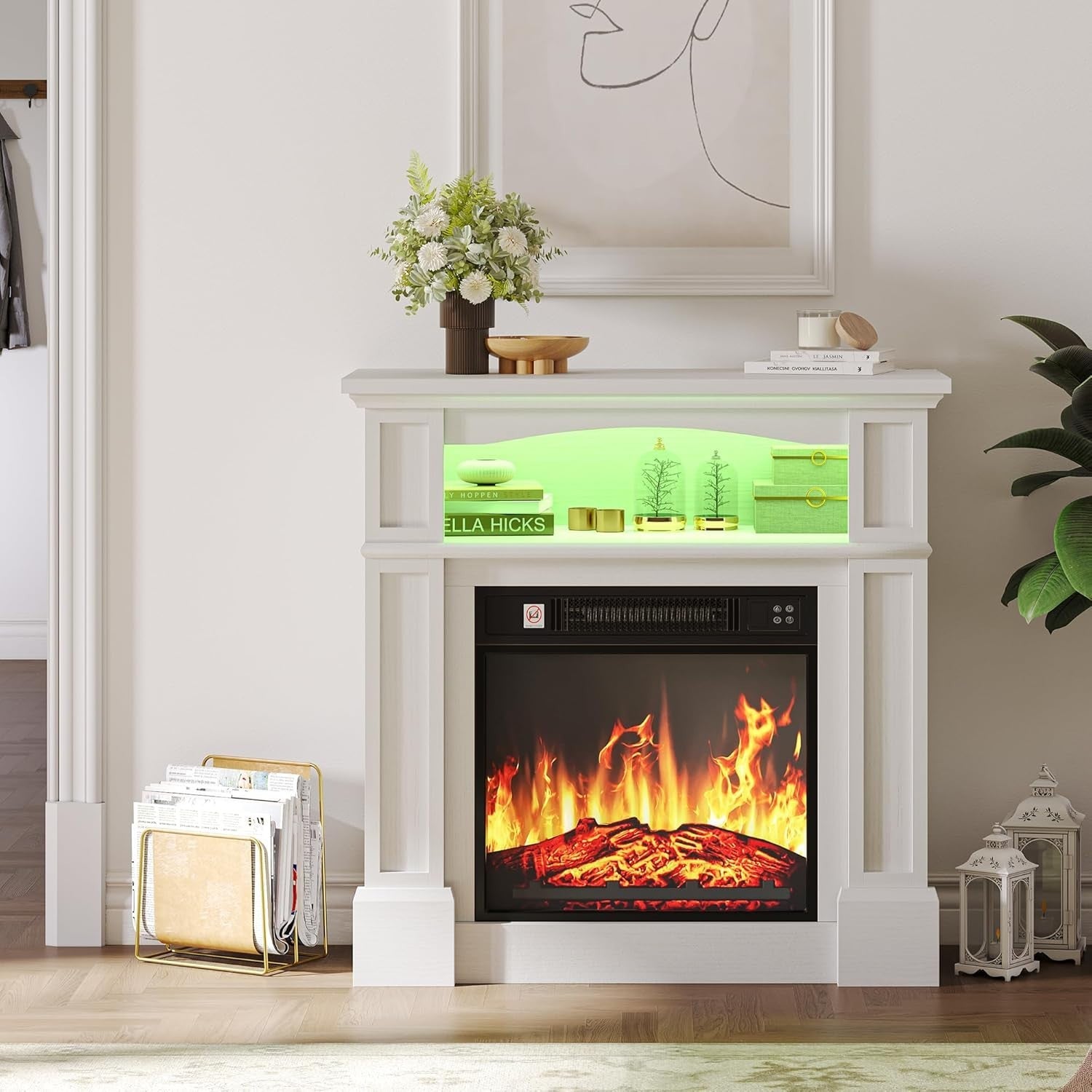 18" Freestanding Electric Fireplace Heater LED Flame 16-Color Light Timer