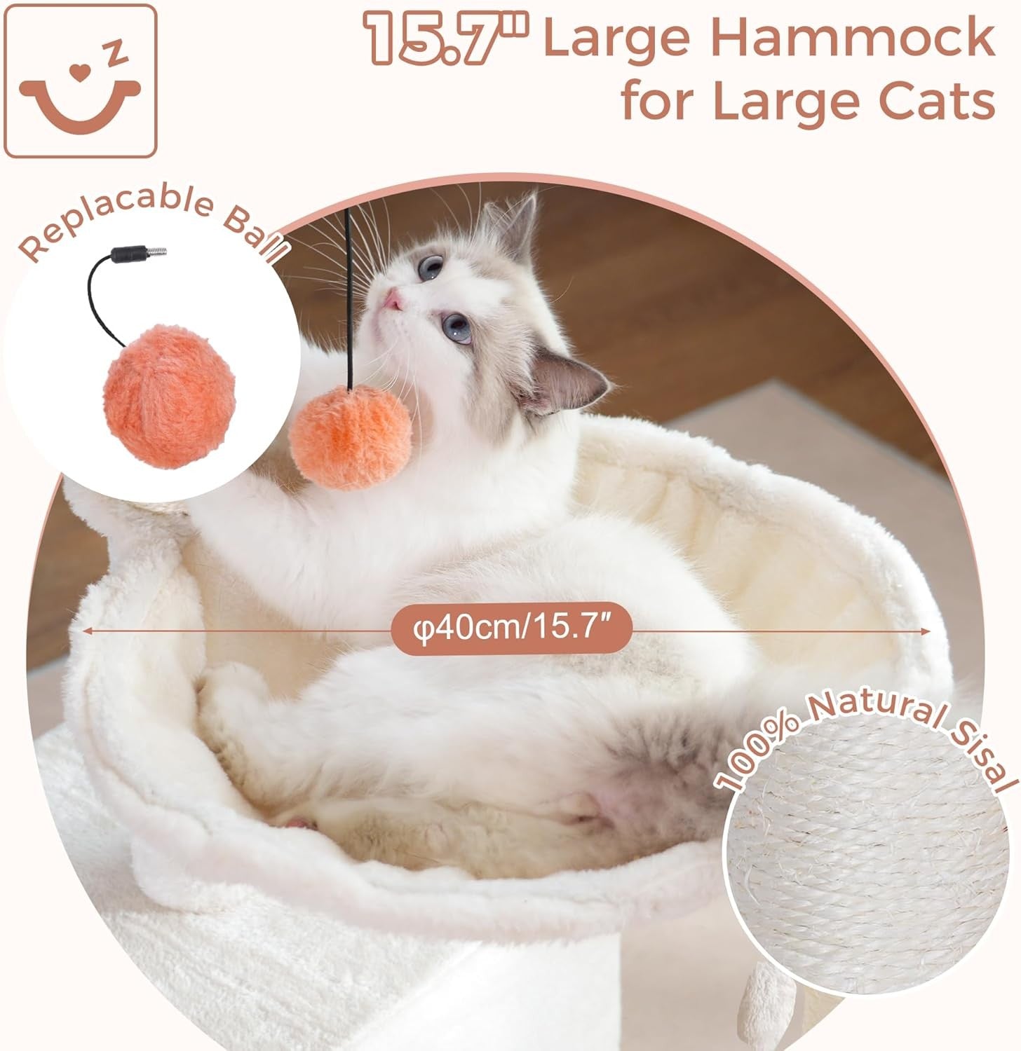 Beige Flower Cat Tree Tower with Hammock Condo Sisal Scratching Post