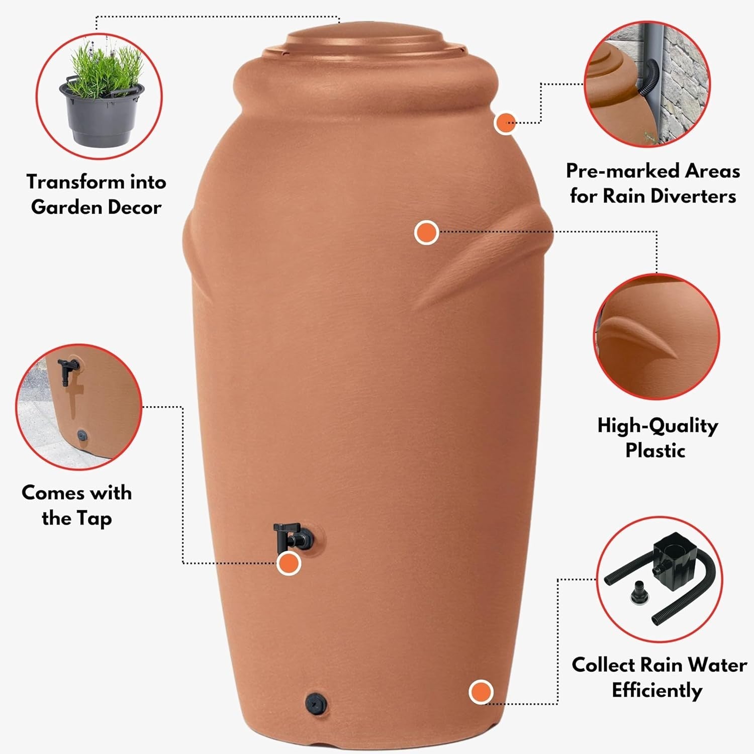 210L Amphora Water Butt With Tap Diverter Bio Cleaner Terracotta Garden