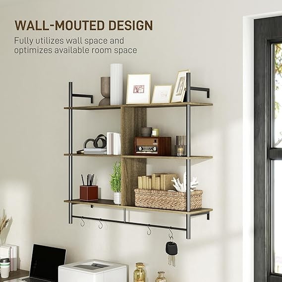 Wall Mounted Ladder Shelf 3-Tier Display Rack with Hooks – Rustic Grey Wood
