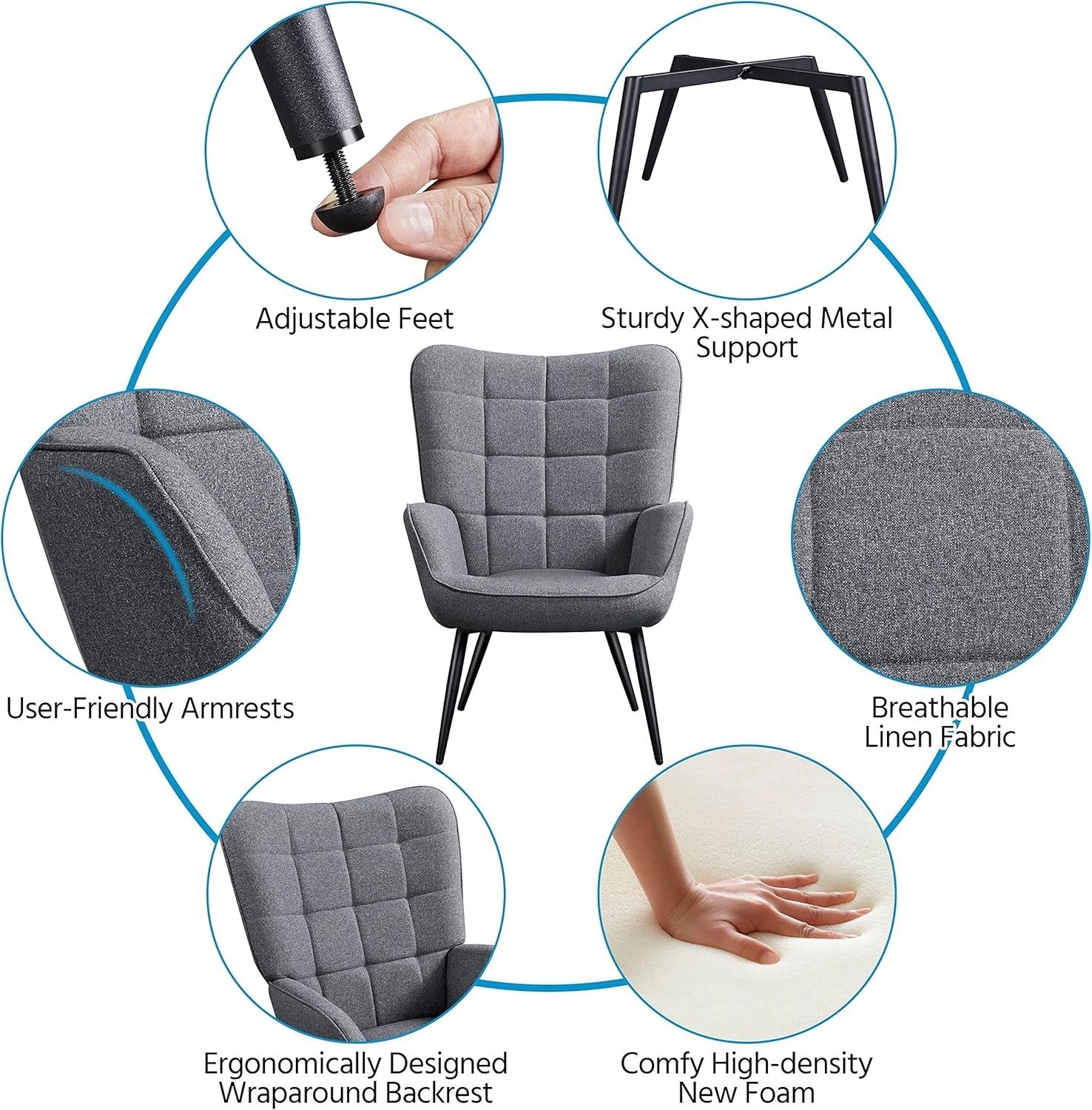 Modern Gray Linen Accent Armchair with Ottoman, High Back & Metal Legs Set