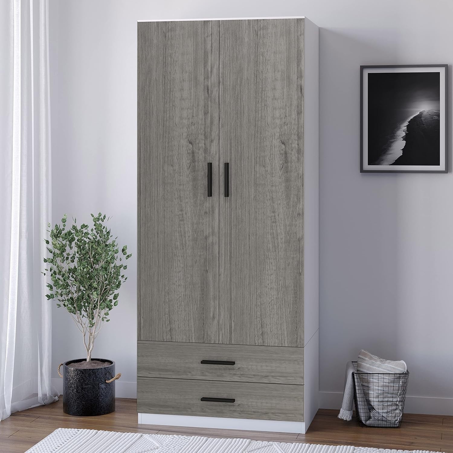 Tall 2 Door Wardrobe Ash Grey Drawers Hanging Rail Storage Cupboard