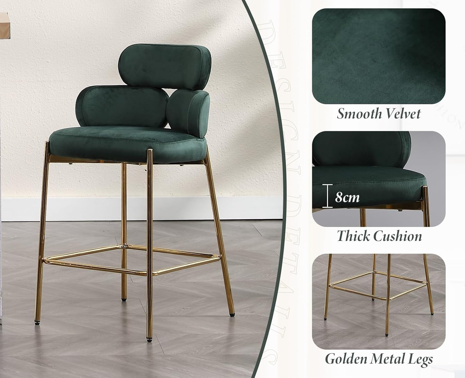 Modern Bar Stools 2pcs Green Velvet Counter Kitchen Chairs
