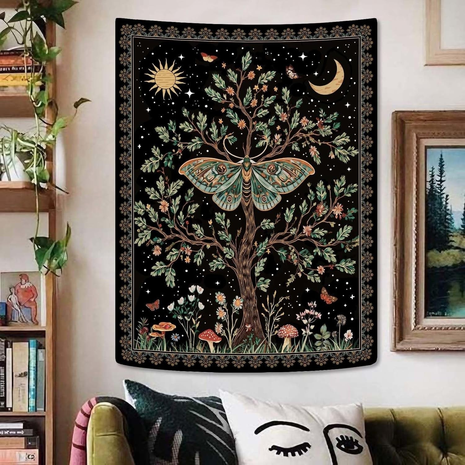 Tree of Life Wall Tapestry Celestial Moth Boho Decor 36x48