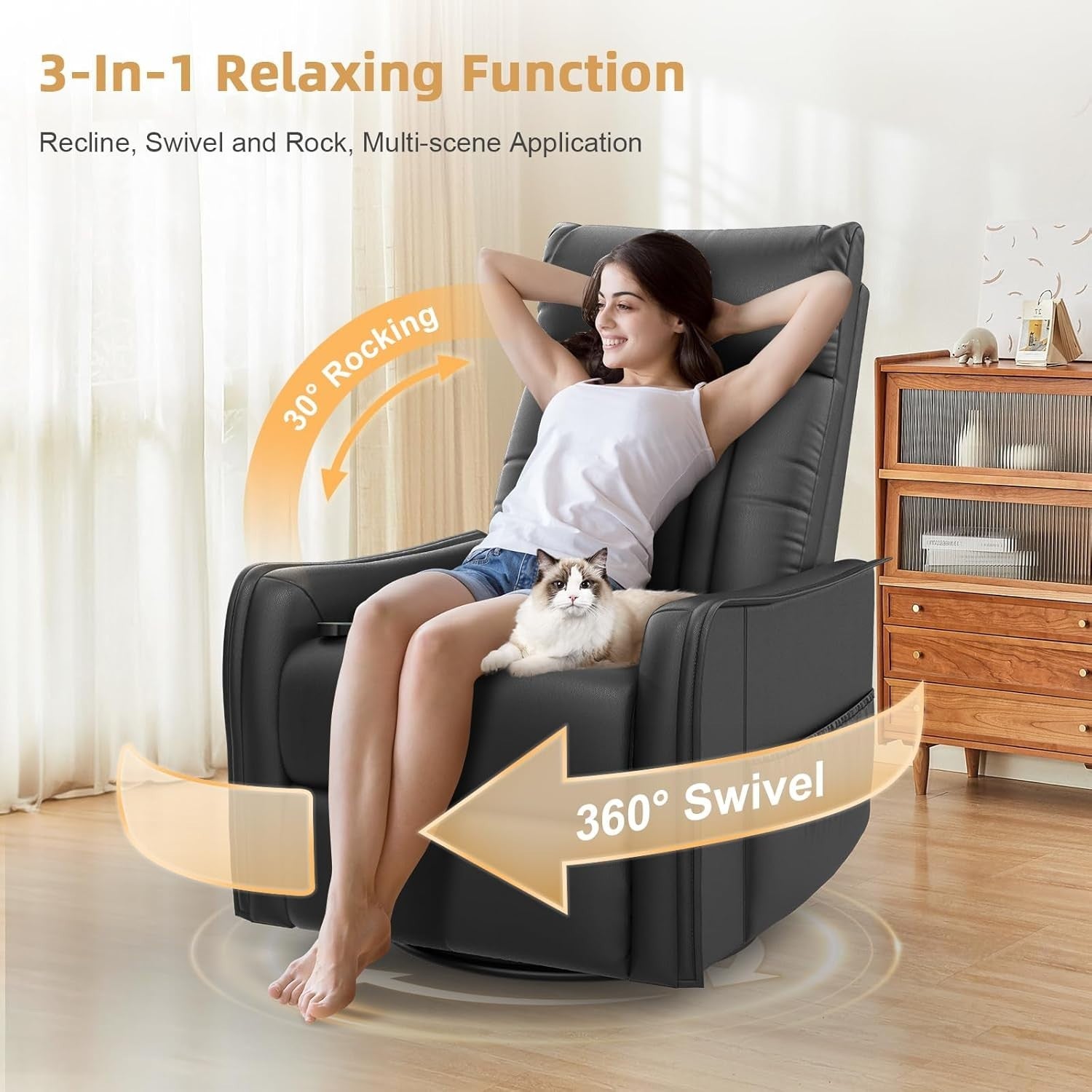 Swivel Recliner Chair Massage Heat 135° Recline Footrest Dual Pockets