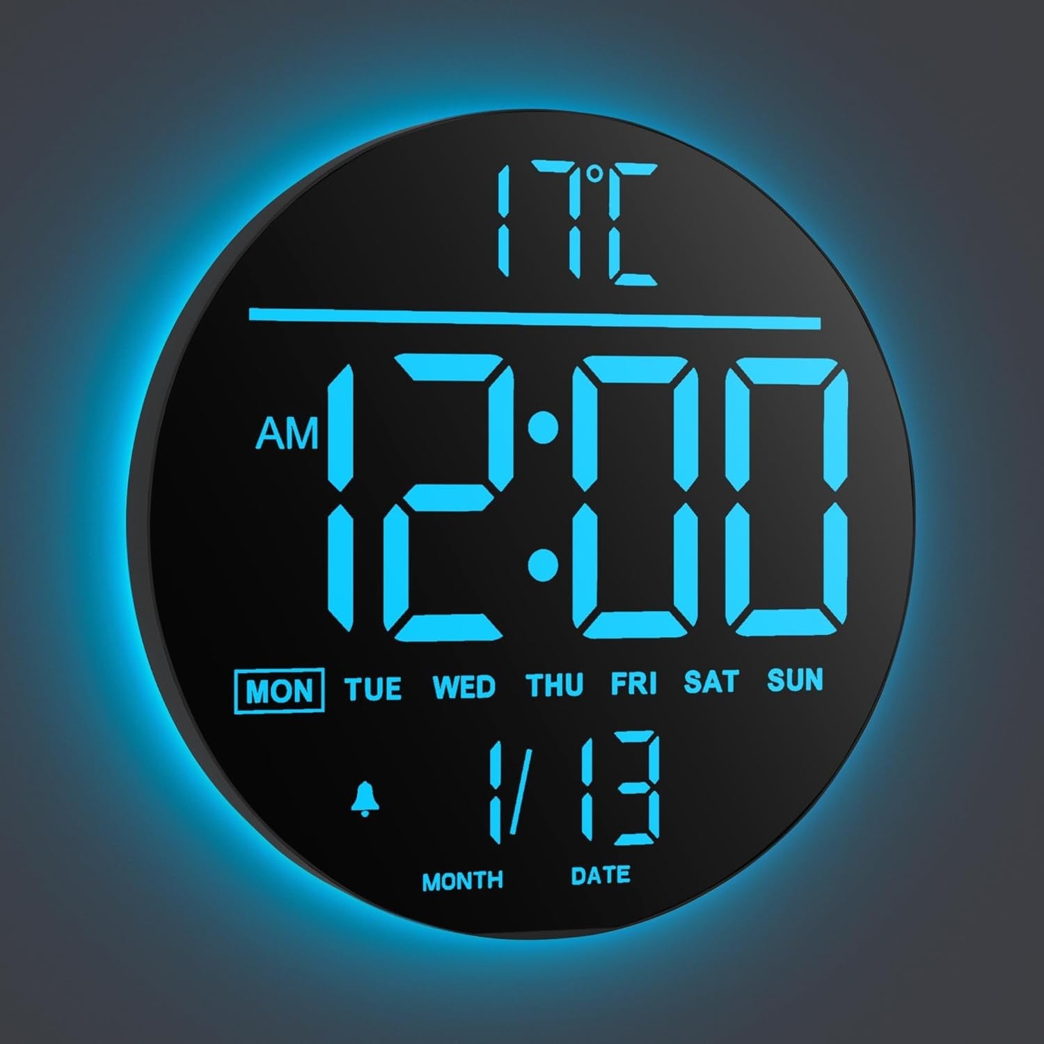 Black Blue 10″ RGB Digital Wall Clock LED Large Display Remote Temperature