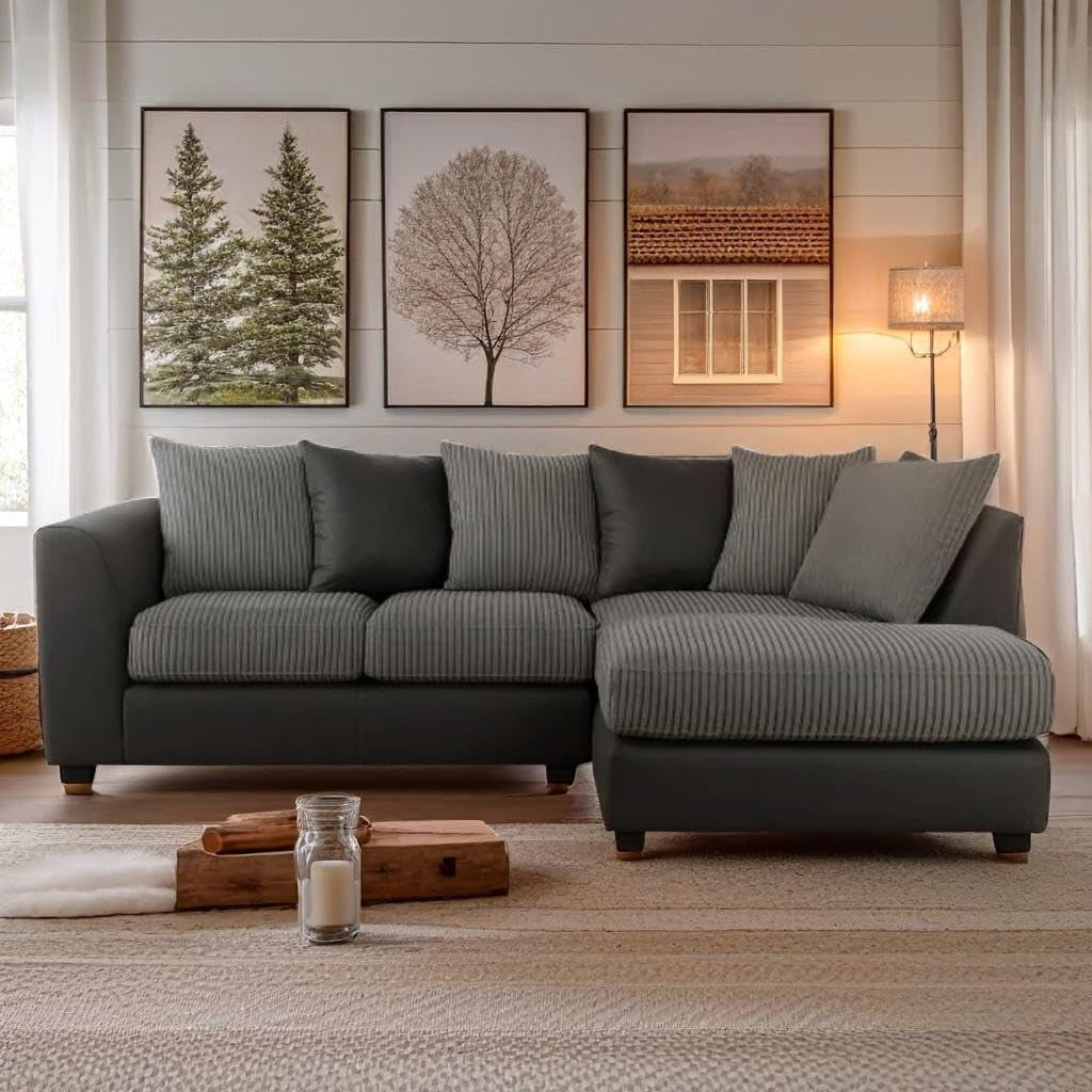 Grey L Shape Corner Sofa 4 Seater – Jumbo Cord + Leather Left Hand Couch