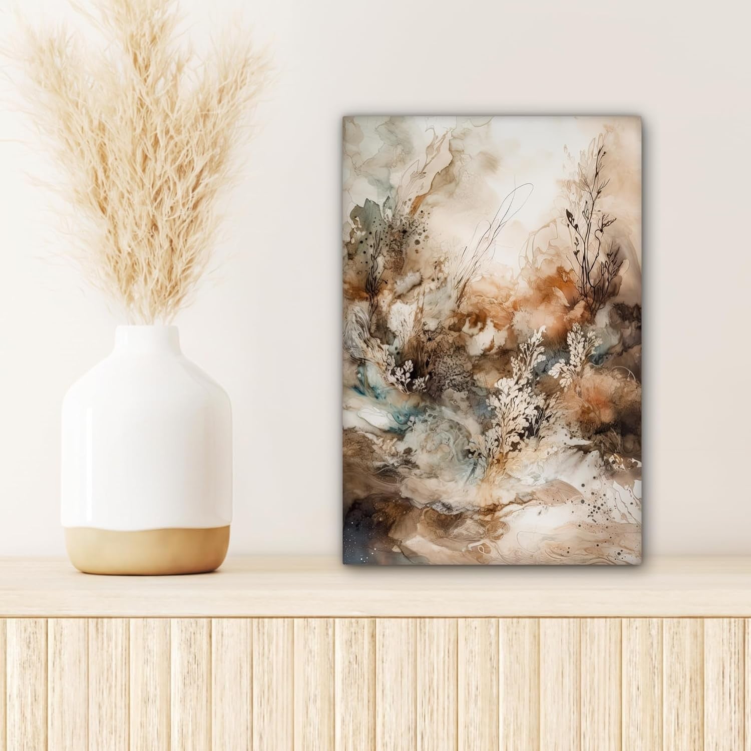 Abstract Floral Canvas Wall Art 20x30cm Beige Framed Modern Print