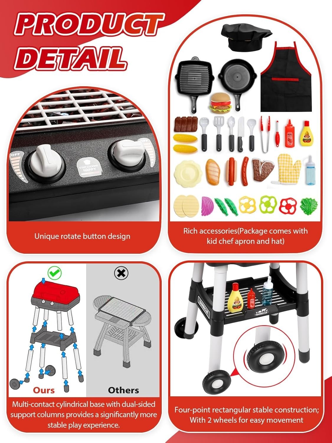 Kids BBQ Grill Playset w/ Smoke Sound Light Chef Apron 33PCS