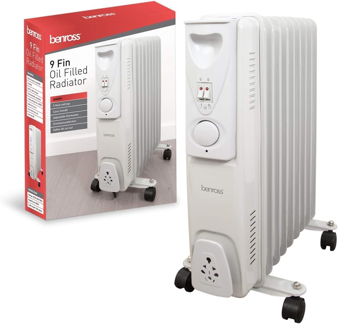 Portable 9-Fin Oil Filled Radiator 2000W Adjustable Thermostat White