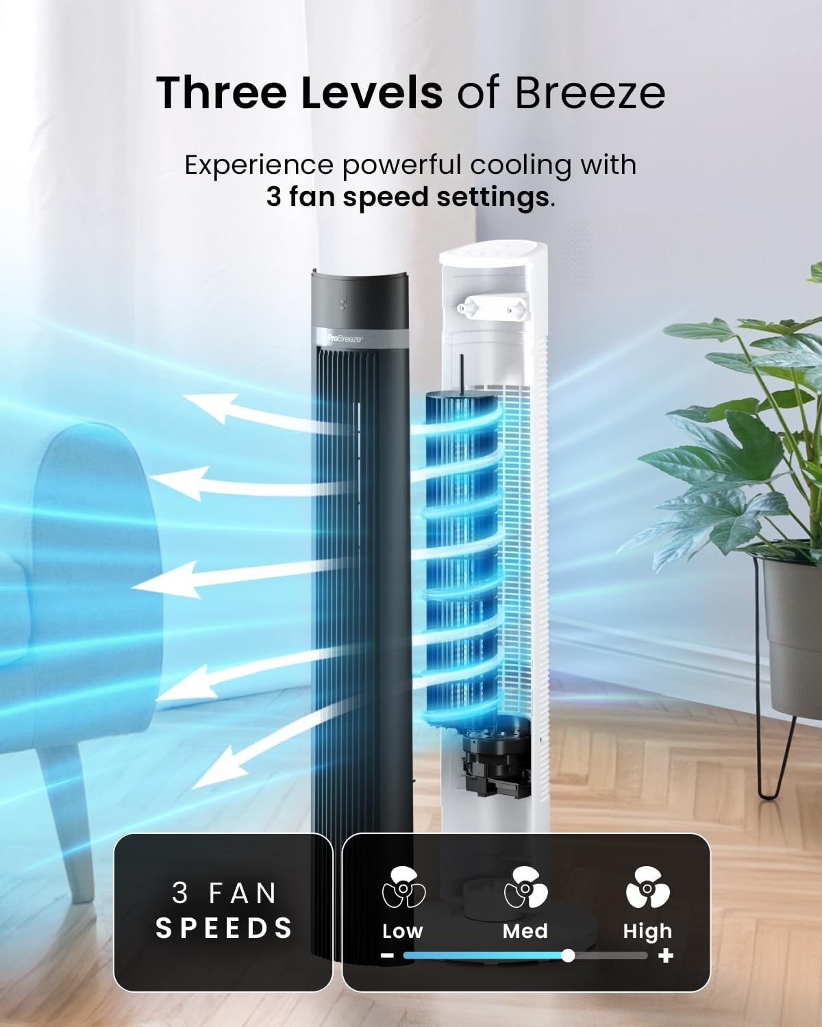 40" Bladeless Tower Fan White Quiet 3-Speed 15h Timer Remote Cooling Floor Fan