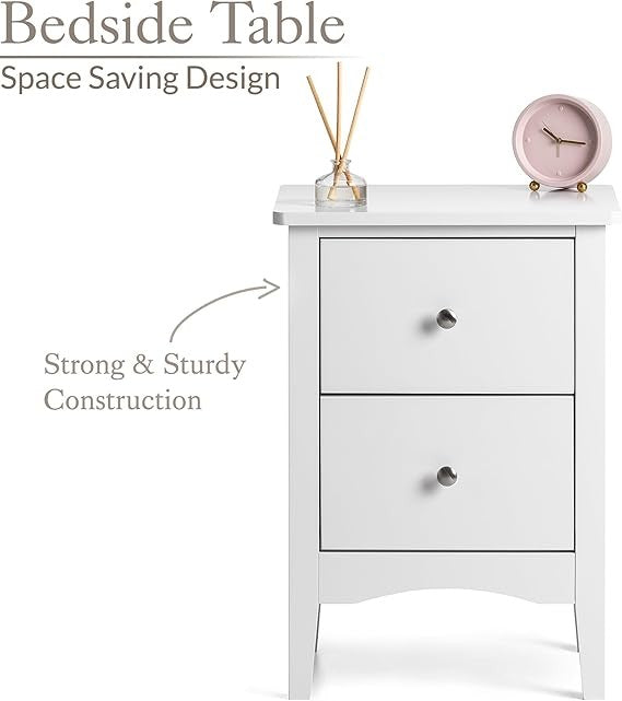 White 2 Drawer Bedside Table Modern MDF Nightstand | Smooth Glide Storage Unit