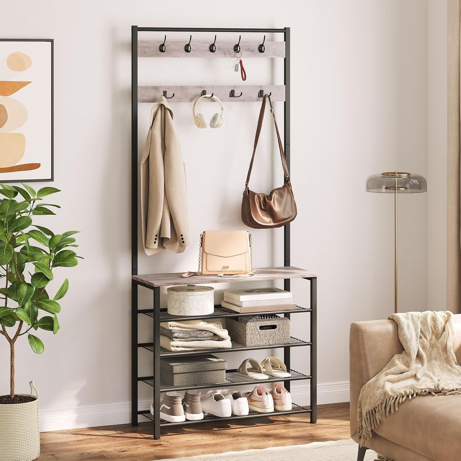 Freestanding Coat Rack with Shoe Storage – 9 Hooks Hall Tree 190cm