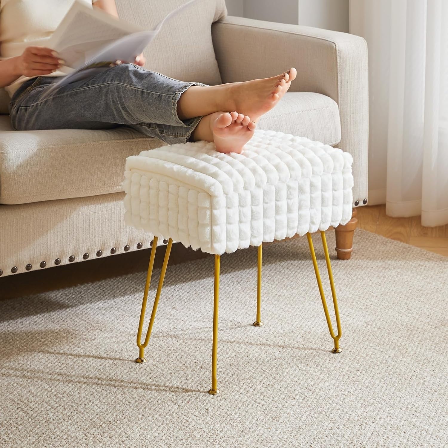 Creamy-White Velvet Round Vanity Stool with Golden Steel Legs