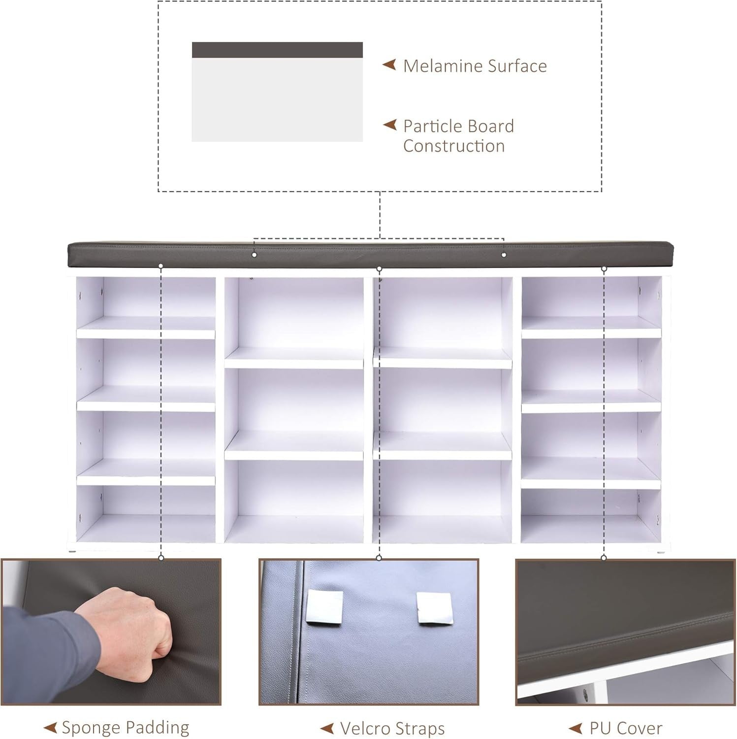 Multi-Storage Shoe Rack with Cushion & 14 Compartments, 103.5x30x48 cm White